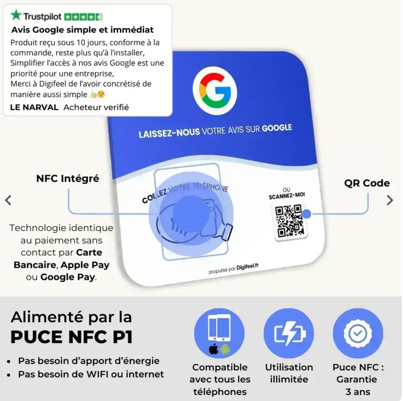 Plaque NFC avis Google Reevyo posée sur comptoir de restaurant au Maroc